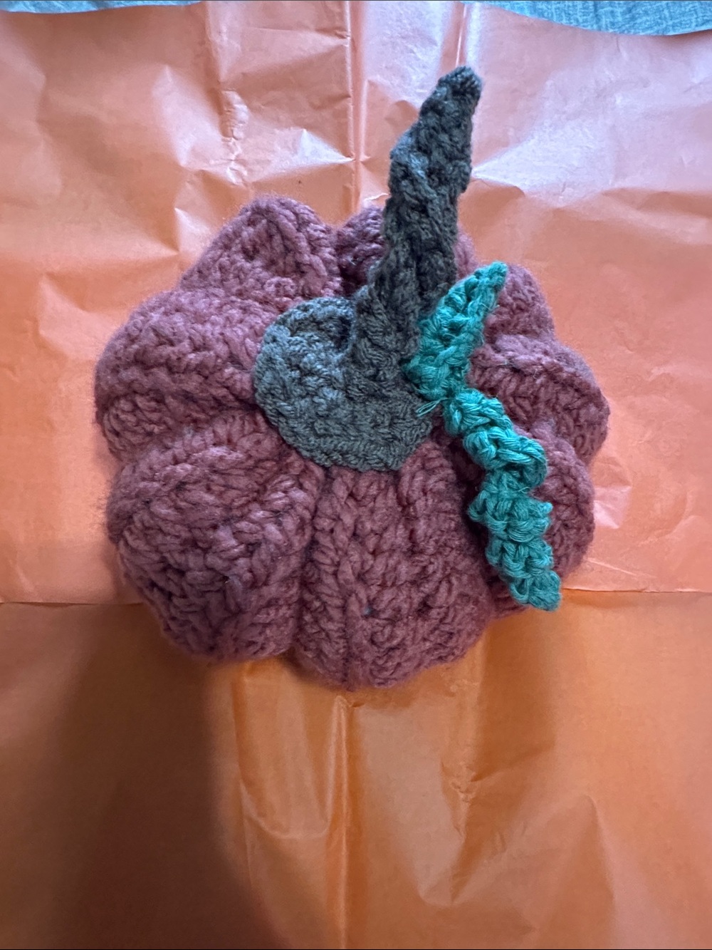 Handmade Crochet Pumpkin - Dusty orange with green and brown Accent